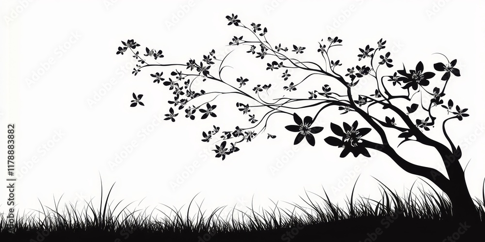 Fototapeta premium Elegant black silhouette of a flowering tree with grass, perfect for nature-themed designs and backgrounds.