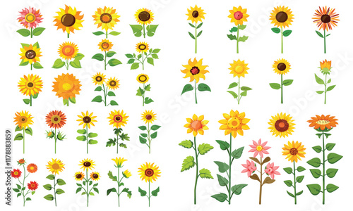 set of different sun flower Flat style vector illustration isolated on a white background