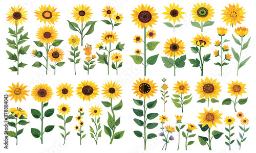 set of different sun flower Flat style vector illustration isolated on a white background