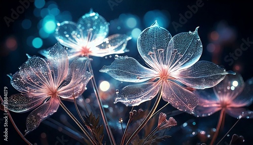 Flowers illustration in transparent and golden light with dark background, part 27  photo