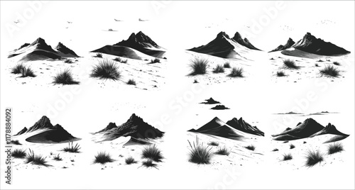 Mountainous desert silhouettes vector design, Desert dune scene black silhouettes