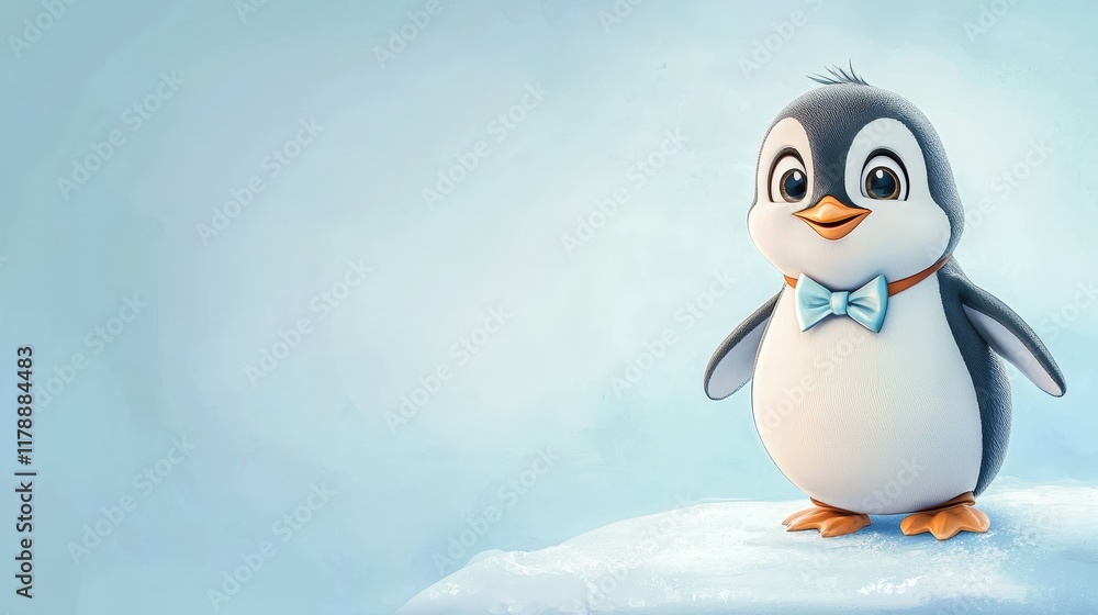 Fototapeta premium Cartoon-style chubby penguin wearing a bowtie, standing on ice, isolated on a soft blue background.
