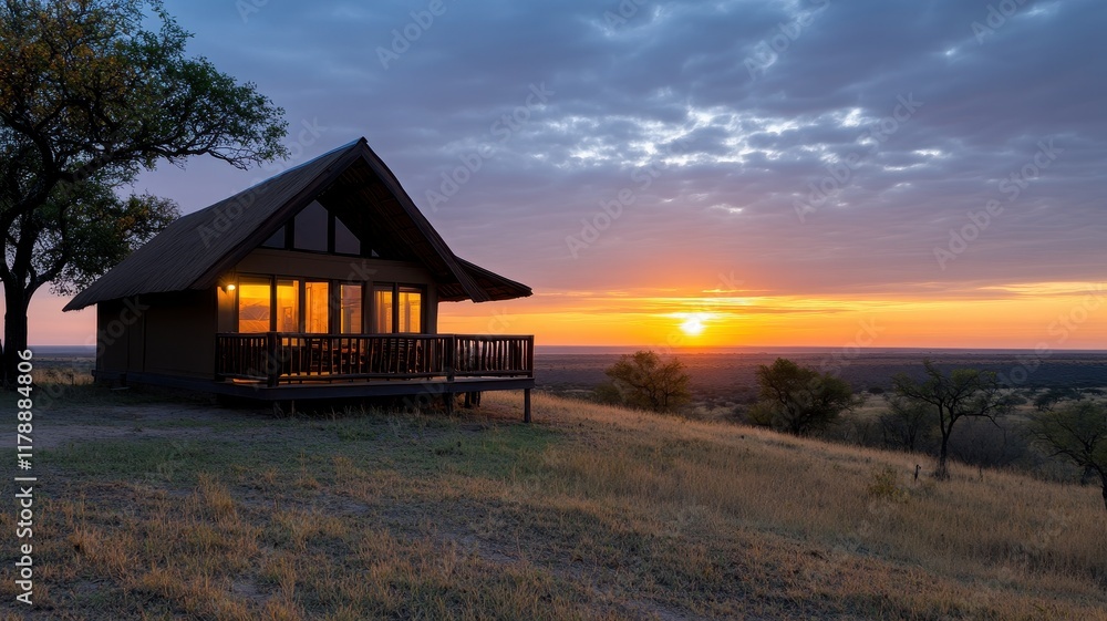 Charming House Nestled on a Hilltop Surrounded by Lush Greenery as the Sun Sets Creating a Warm and Inviting Atmosphere Charming House Nestled on a Hilltop Surrounded by Lush Greenery as the Sun Sets Creating a Warm and Inviting Atmosphere