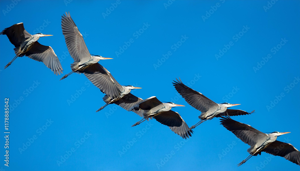 Grupo de garzas volando en un cielo azul Grupo de garzas volando en un cielo azul