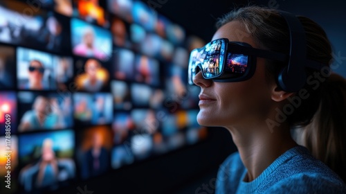 A woman wearing VR glasses immersed in a virtual environment, surrounded by screens showcasing vibrant imagery, reflecting modern technology's impact on our experiences and entertainment. photo