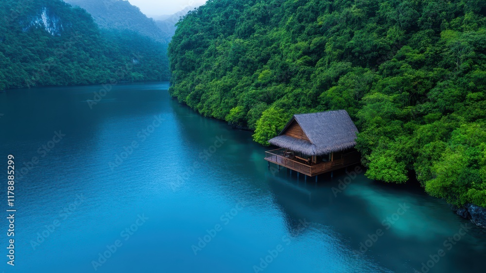 Charming Tranquil House Nestled on Serene Lake Surrounded by Lush Greenery and Clear Blue Sky Creating a Peaceful Retreat Charming Tranquil House Nestled on Serene Lake Surrounded by Lush Greenery and Clear Blue Sky Creating a Peaceful Retreat
