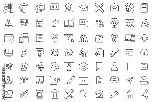 Education icon set, web icons in line style. Set of 70 line icons  related to video tutorial, knowledge, study,  school online education. Vector illustration.