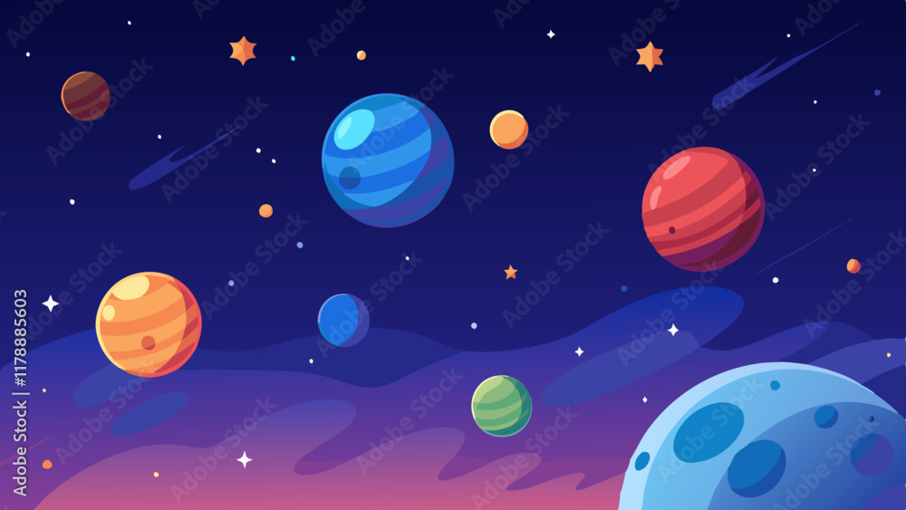 Vibrant planets and glowing stars in deep space with nebula clouds.
Vibrant planets and glowing stars in deep space with nebula clouds.