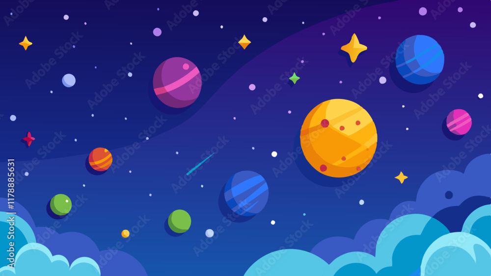 Cosmic space scene featuring colorful planets and twinkling stars with nebula.
Cosmic space scene featuring colorful planets and twinkling stars with nebula.