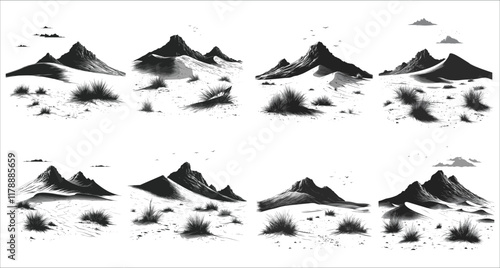 Abstract desert dunes silhouettes, Desert dunes vector silhouettes, Mountainous desert silhouettes vector design, Vector black silhouettes of desert dunes landscape