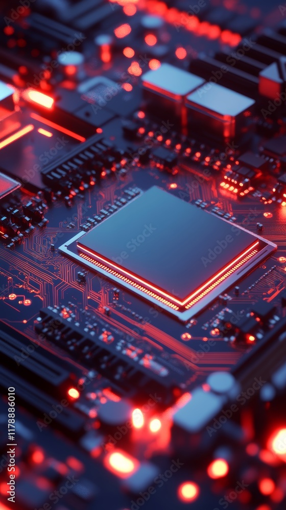 Detailed image of a circuit board with red lights and microchip, showcasing modern technology and electronics. Detailed image of a circuit board with red lights and microchip, showcasing modern technology and electronics.