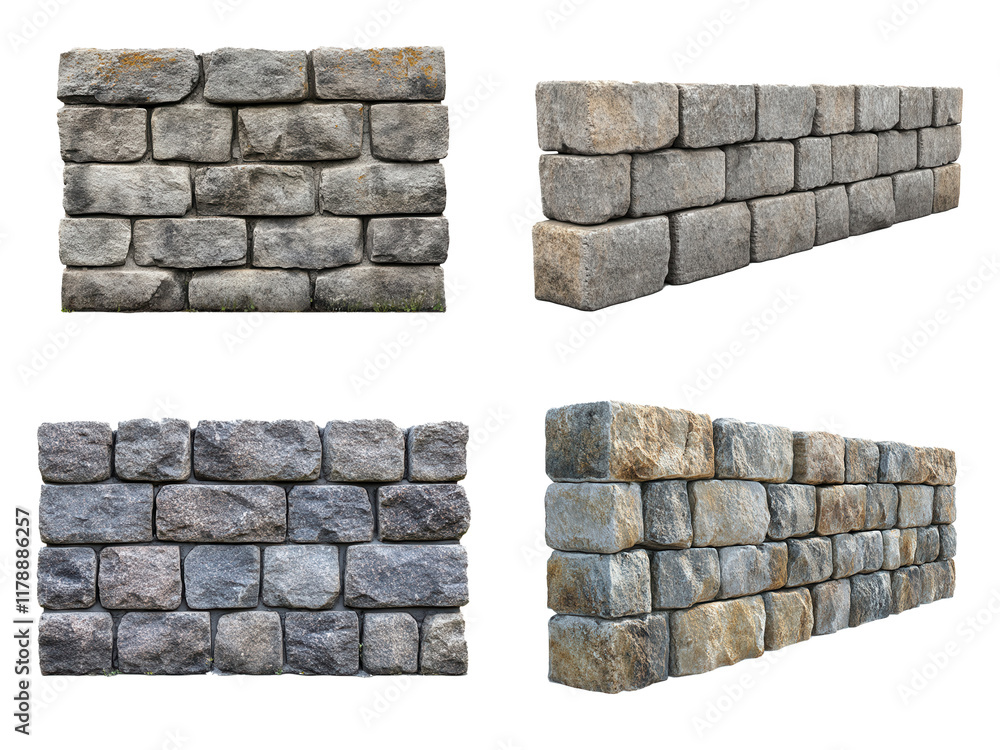 A collection of different stone wall textures in various angles, isolated on transparent or white background A collection of different stone wall textures in various angles, isolated on transparent or white background