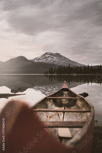 Wooden Canoe on Sparks Lake with Mountain Reflection photo