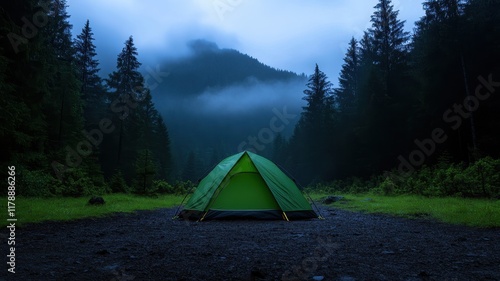 Lush Green Forest Setting with Vibrant Green Tent Surrounded by Majestic Trees Creating a Peaceful Outdoor Retreat photo