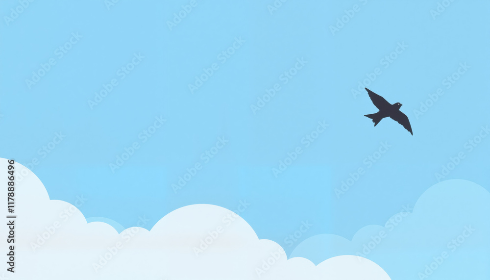 Fototapeta premium Minimalistic illustration of a bird flying against a blue sky with clouds