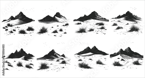 Abstract desert dunes silhouettes, Desert dunes vector silhouettes, Mountainous desert silhouettes vector design, Vector black silhouettes of desert dunes landscape