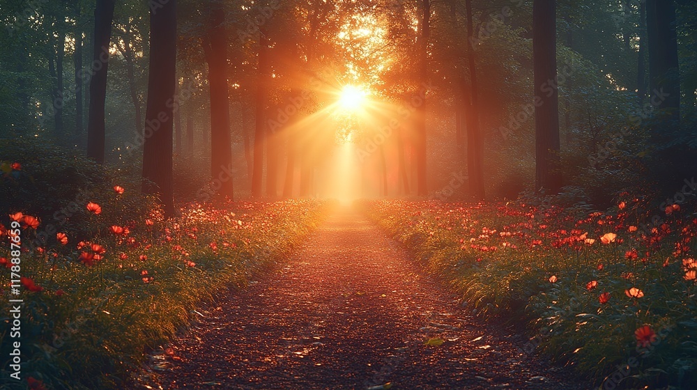 Sunlit Forest Path Flowers Golden Hour Sunrise Sunlit Forest Path Flowers Golden Hour Sunrise