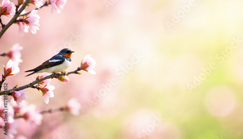 Swallow on a blossoming branch with soft pastel background