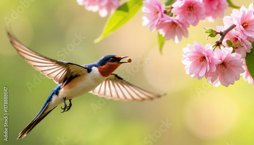 Swallow feeding near blooming cherry blossoms in spring sunlight

