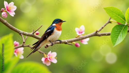 Swallow perched on a branch surrounded by lush cherry blossoms