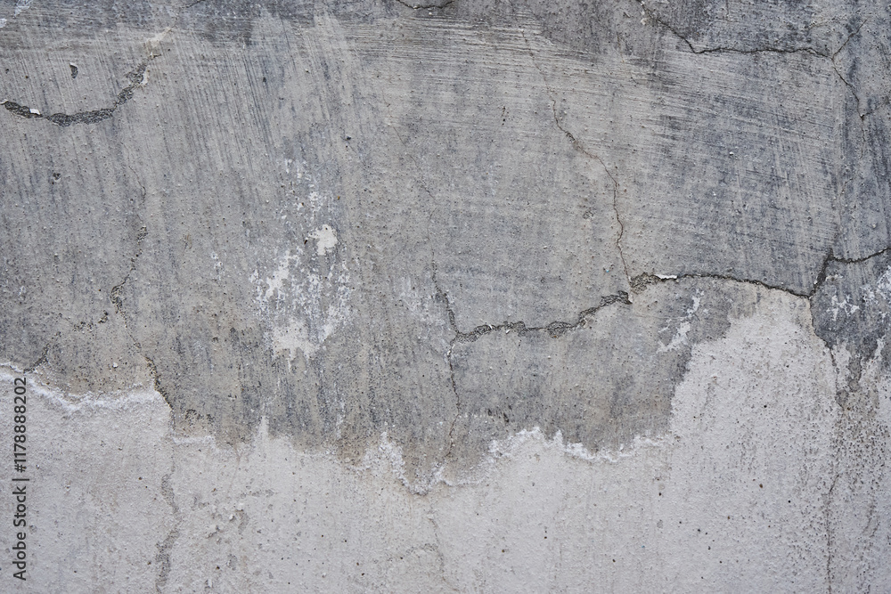 Fototapeta premium Concrete wall with crack, gray color background, removing plaster from a cement wall, rough surface texture. Renovation of old residential premises and apartments. repair, DIY repairs