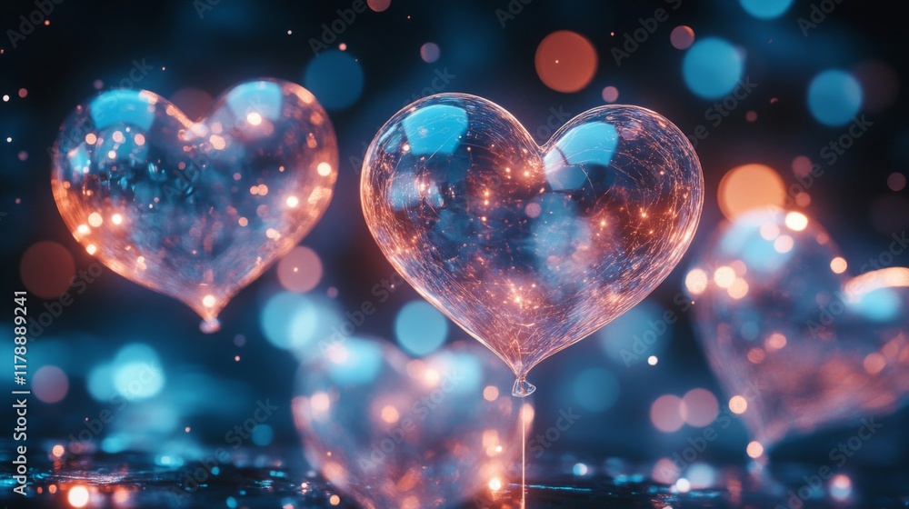 Glowing Heart Shaped Balloons Float In Dark Blue Space Glowing Heart Shaped Balloons Float In Dark Blue Space