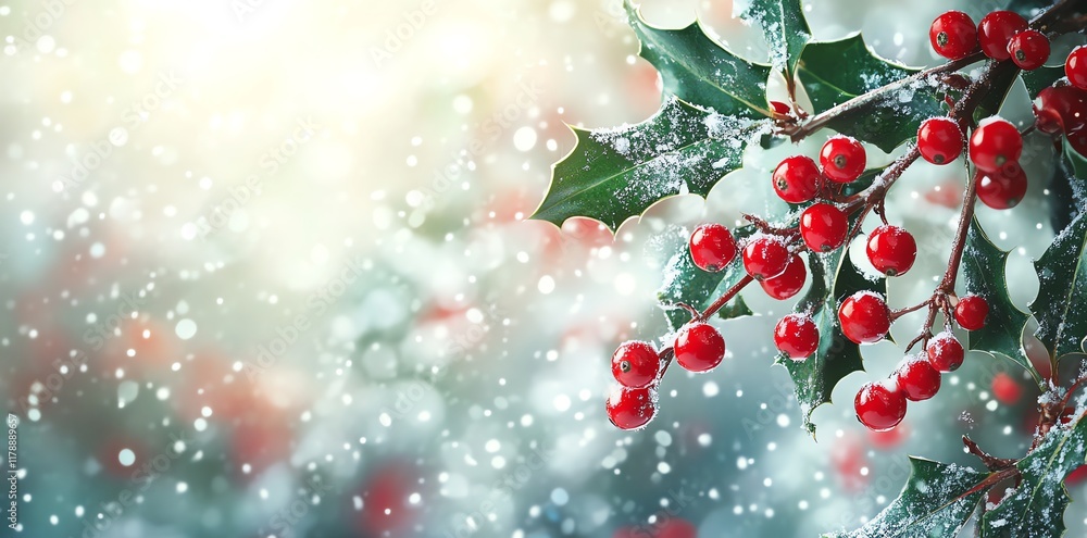 Holly branch with red berries covered in snow against a blurred winter background. Holly branch with red berries covered in snow against a blurred winter background.