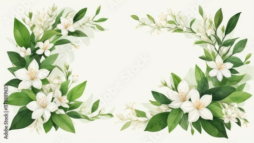 jasmine spring flowers,Spring background with jasmine green leaves frame background. Vector jasmine flower banners. Asiatic Jasmine Watercolor illustration. Hand drawn element design. Artistic vector