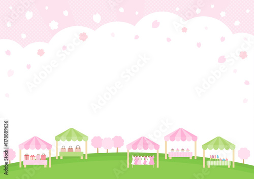 春の桜とマルシェの風景のベクターイラスト13