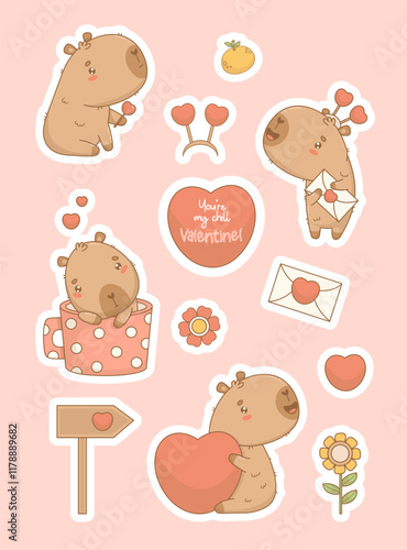 Cute romantic Capybara Valentine stickers. Cartoon enamored  animal in polka dot cup, with hearts and with love letter. Vector illustration. isolated Holiday kawaii character.