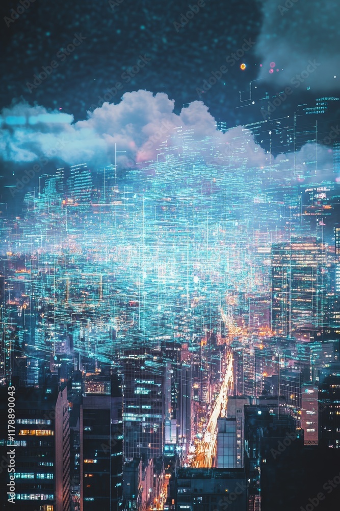 Fototapeta premium This image showcases an abstract cloud data visualization concept set in a modern urban environment, blending technology and city life.