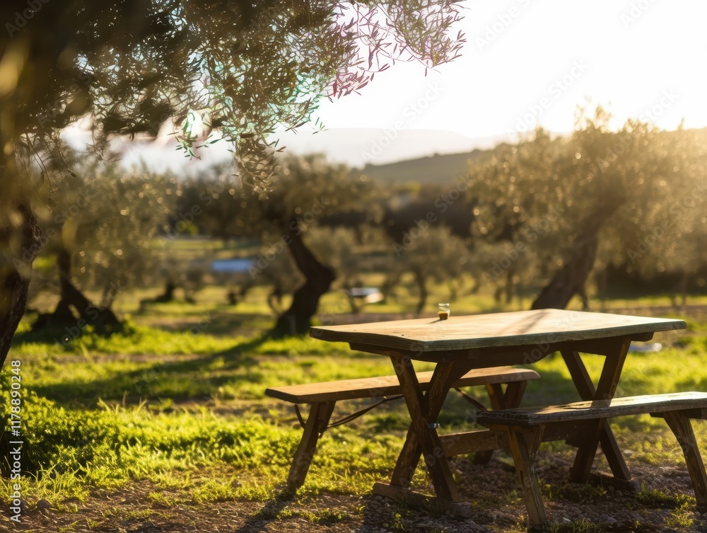 Wooden table in an olive grove surrounded by trees, rustic Mediterranean countryside setting Wooden table in an olive grove surrounded by trees, rustic Mediterranean countryside setting