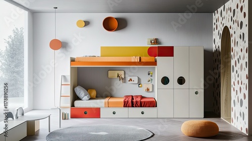 Modern Kids Room Interior Design: Colorful Bunk Bed and Storage