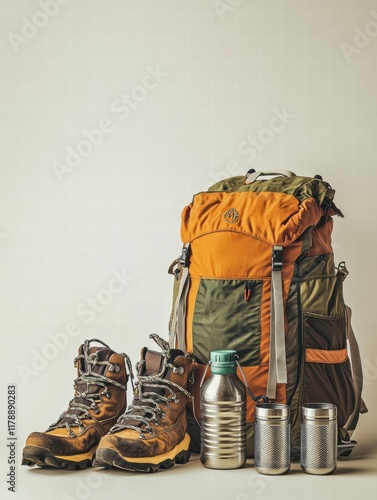 Backpacker gear setup for outdoor adventures with space for text and branding options. Generative AI photo