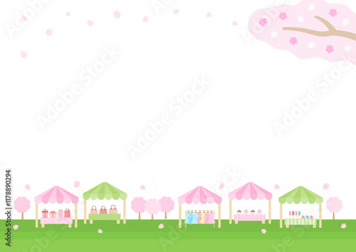 春の桜とマルシェの風景のベクターイラスト03