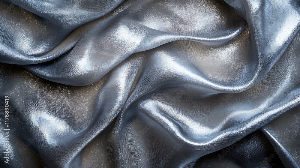Silver silk fabric texture, draped folds, luxurious background, design element.