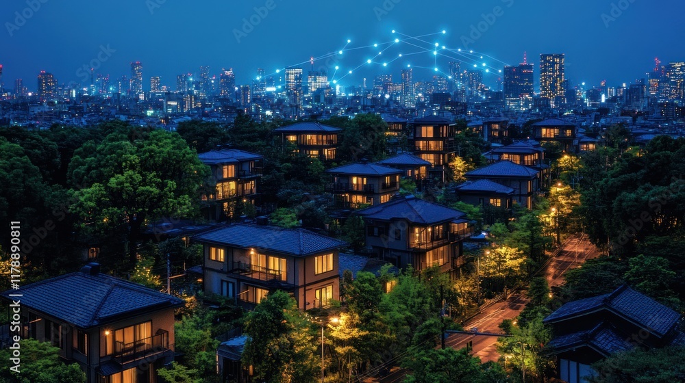 Obraz premium A nighttime cityscape showcasing illuminated homes against a vibrant urban skyline.