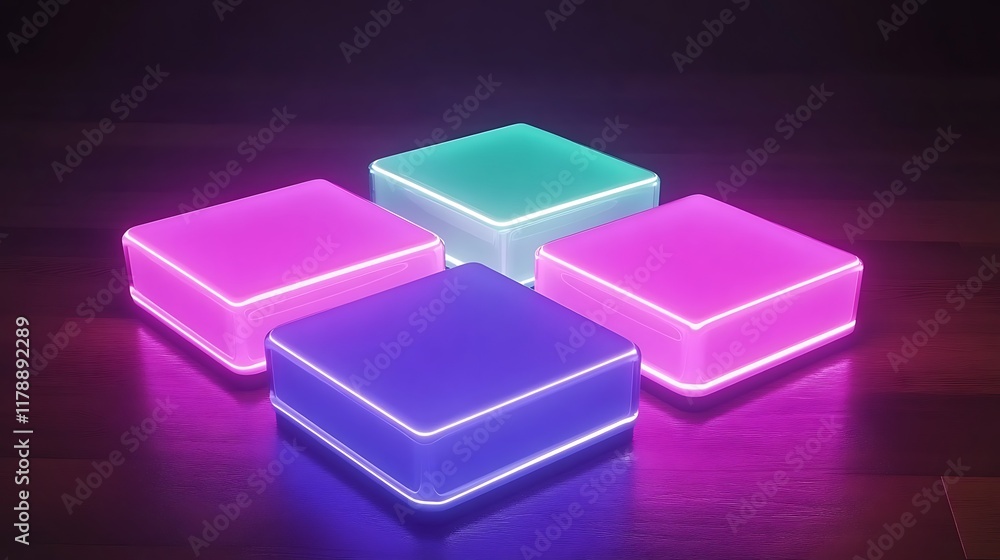 Fototapeta premium Neon Cubes Illuminate Dark Wooden Surface