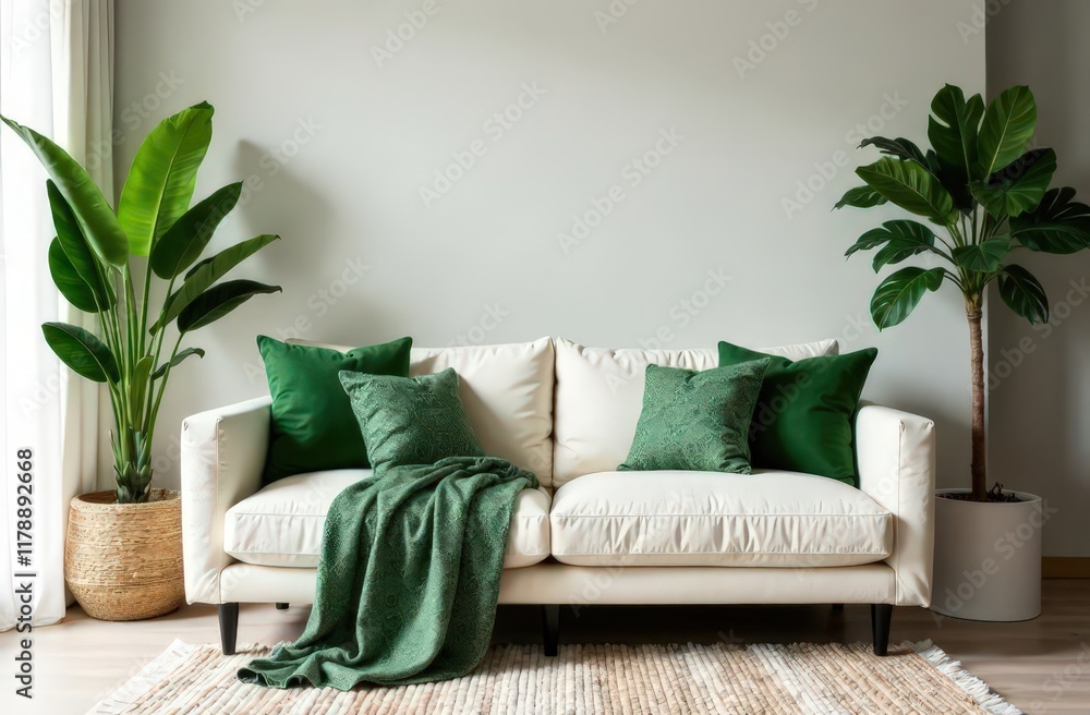 Naklejka premium A modern living room styled with eco-friendly snake print throw blankets and matching green cushions on a cream sofa