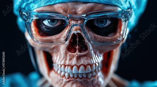 A strikingly detailed skeleton dons surgical attire complete with glasses, showcasing the fascinating intersection of medicine and morbid imagery for Halloween-themed art. photo