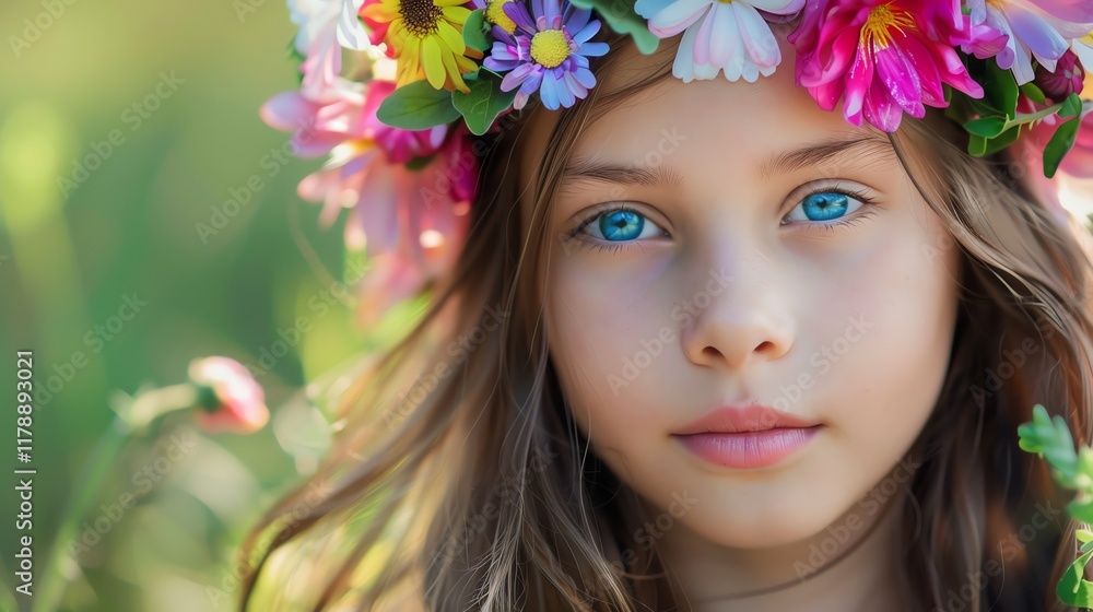 A close-up portrait of a young girl with blonde hair and blue eyes, wearing a flower crown. A close-up portrait of a young girl with blonde hair and blue eyes, wearing a flower crown.