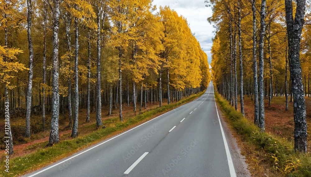 Asphalt road lined with vibrant autumnal trees. Asphalt road lined with vibrant autumnal trees.