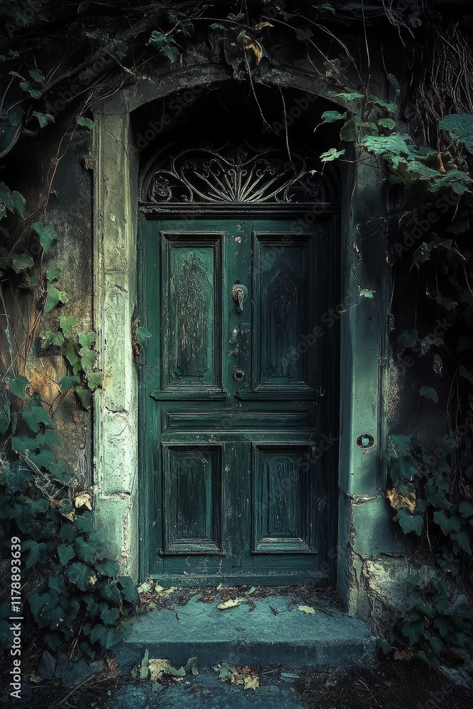 This image features a weathered green door enveloped by lush ivy, creating a mysterious and enchanting atmosphere. Perfect for themes of nature and history. This image features a weathered green door enveloped by lush ivy, creating a mysterious and enchanting atmosphere. Perfect for themes of nature and history.
