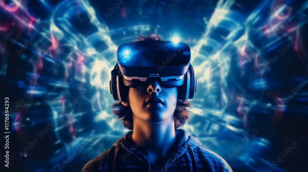 Young man experiencing virtual reality with holograms, showcasing futuristic technology, immersive digital environments, and innovative VR experiences Young man experiencing virtual reality with holograms, showcasing futuristic technology, immersive digital environments, and innovative VR experiences