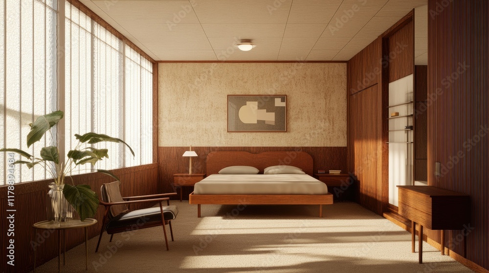 Fototapeta premium Mid-Century Modern Bedroom: Sunlight Streaming Through Large Windows