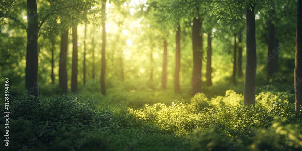 Fototapeta premium A forest with trees and grass. The sun is shining through the trees, creating a warm and peaceful atmosphere