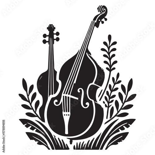 Double Bass Silhouette Vector Illustration, Solid White Background.