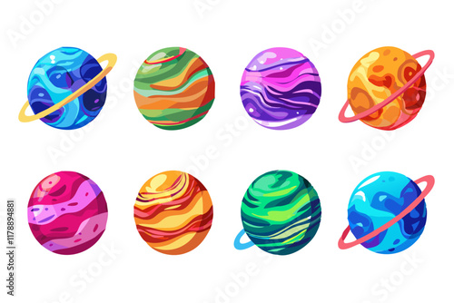 Colorful planet icons in a stylish and detailed vector illustration collection.  
