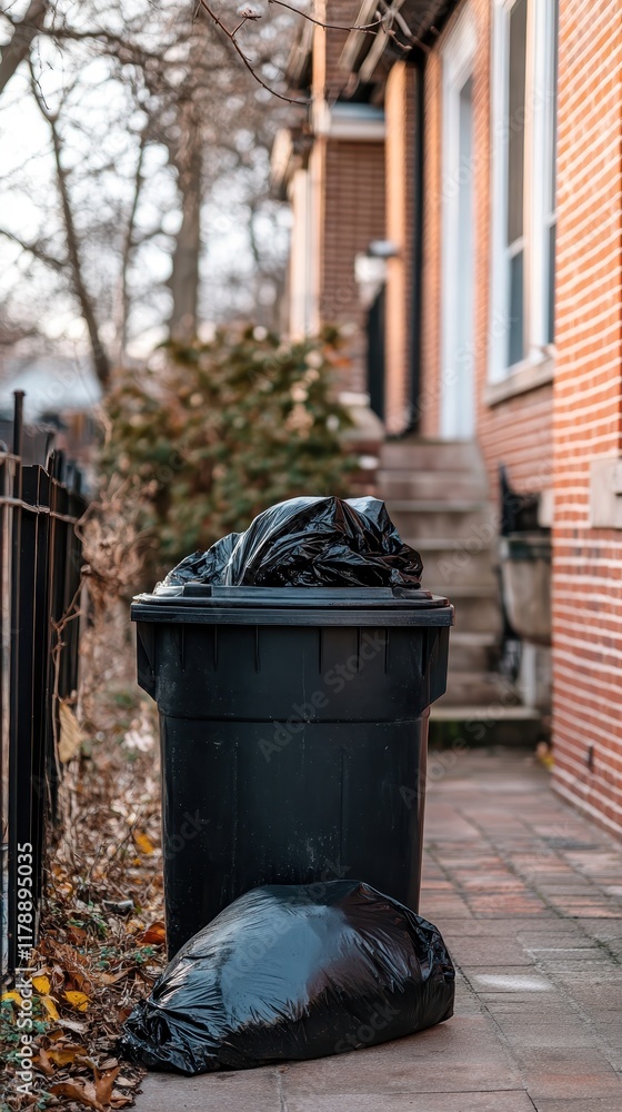Hand holding garbage black bag putting in to trash,Garbage bag in a trash bin,waste management and recycling concept,black plastic bags,Waiting for the rubbish keeper officers to take them away.