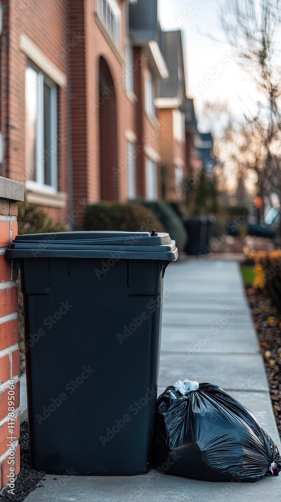 Hand holding garbage black bag putting in to trash,Garbage bag in a trash bin,waste management and recycling concept,black plastic bags,Waiting for the rubbish keeper officers to take them away.